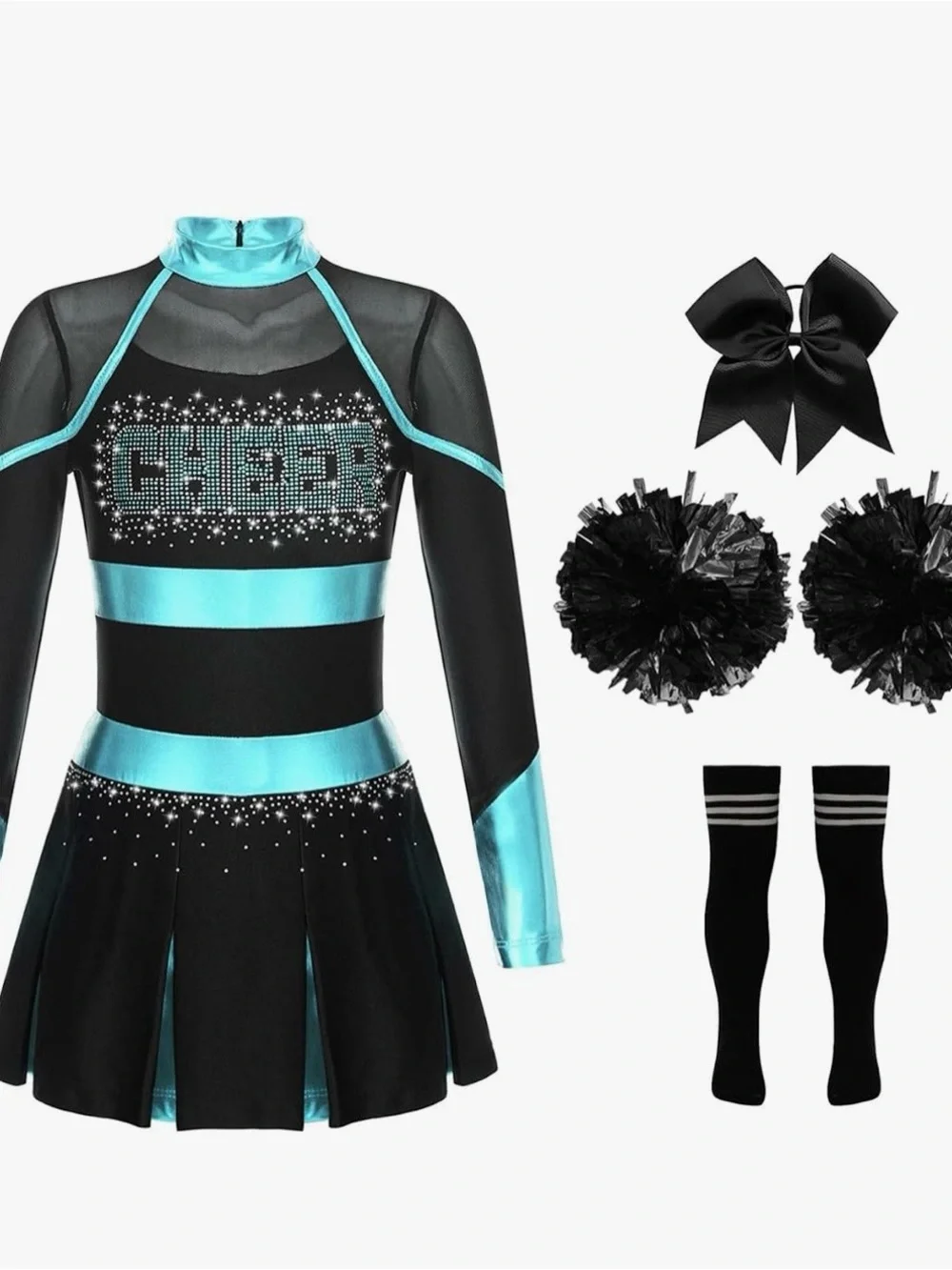 New teal and black  Long Sleeve Cheerleading Dance Halloween uniform girls sz 14